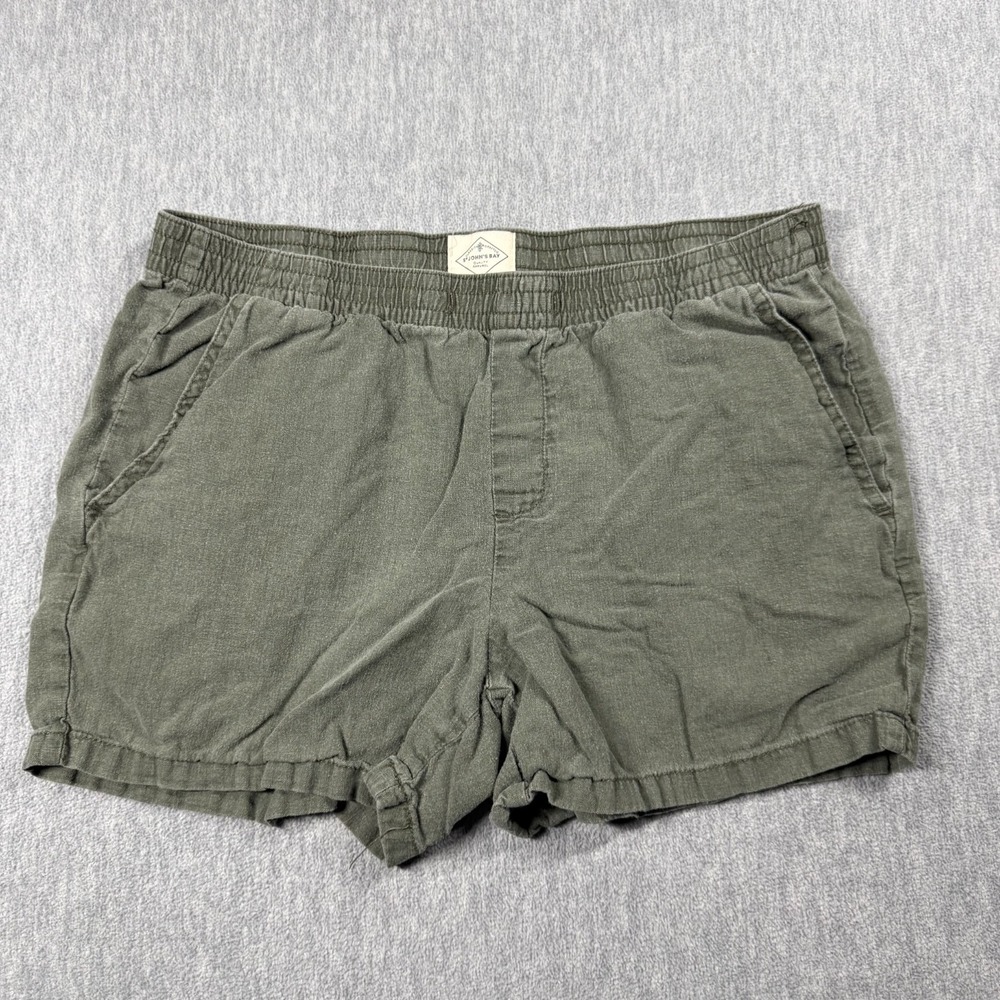 St. John's Bay Shorts Women M Olive Green Linen Blend Elastic Waist Casual Beach